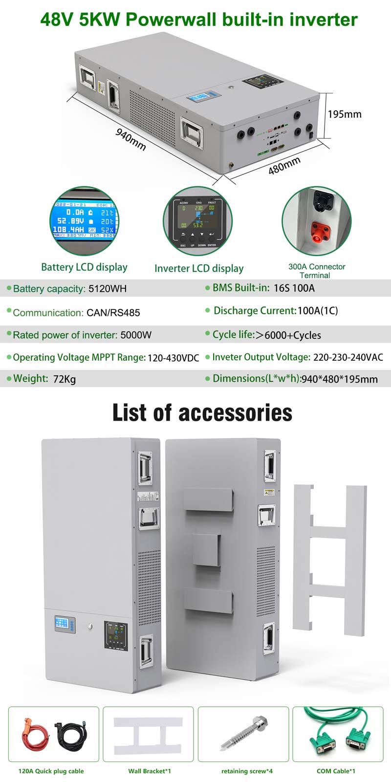 5kwh solar system storage power wall battery